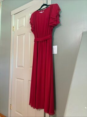 Lourdes Ma for Ethos, Maroon Maxi Dress | Flutter Sleeve | Belted | Size 8